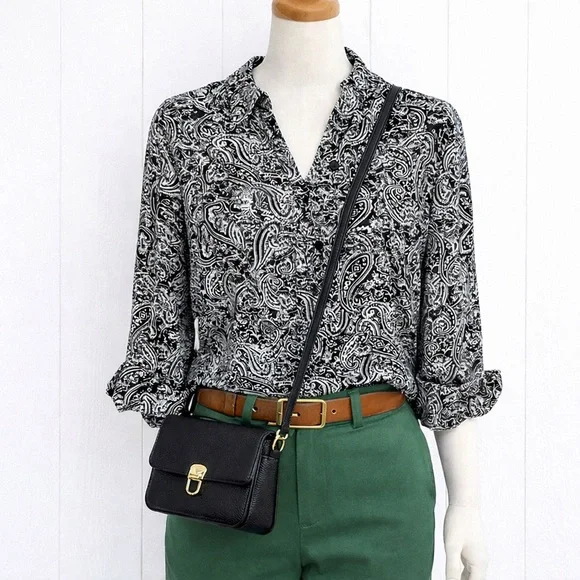NY Collection Black & White Paisley Blouse | Size XL | Roll-Tab Sleeves - Picture 2 of 9